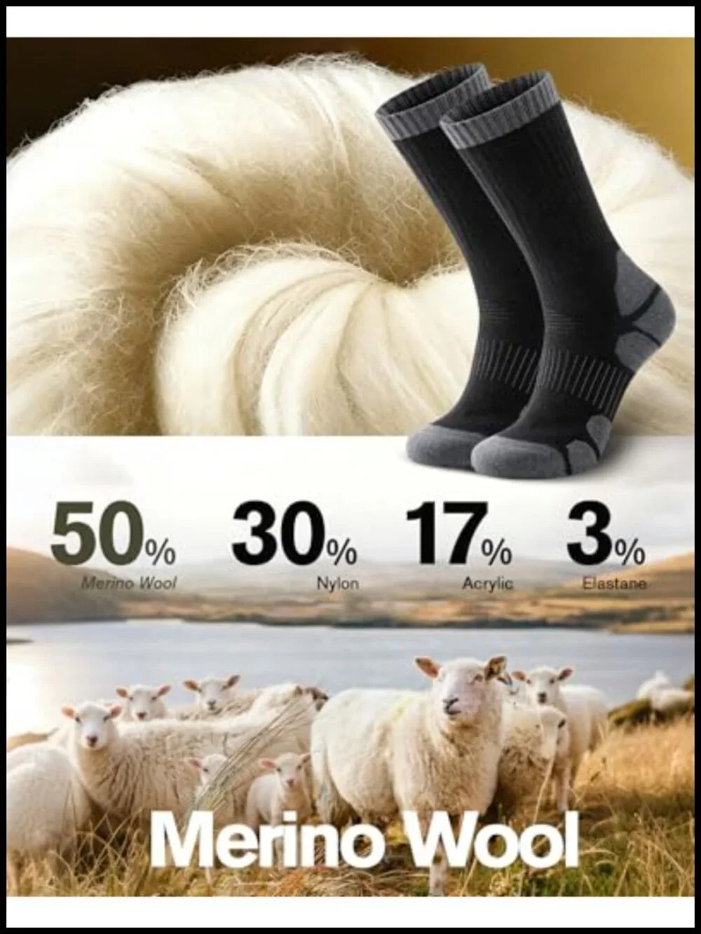 Merino Wool Hiking Socks, Moisture Wicking Anti-Blister Running Socks for Men
